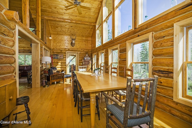 847 Willford Rd, Cocolalla, ID 83813 - dining room with high vaulted ceiling, a ceiling fan, hardwood / wood-style flooring, wood ceiling, and log walls
