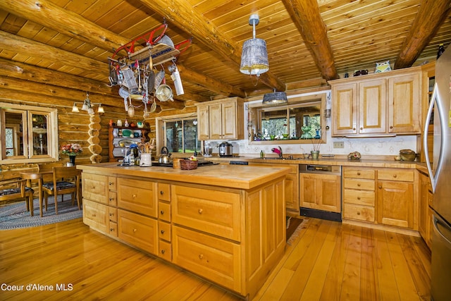 847 Willford Rd, Cocolalla, ID 83813 - kitchen with butcher block countertops, light wood-style floors, dishwasher, wood ceiling, and a sink
