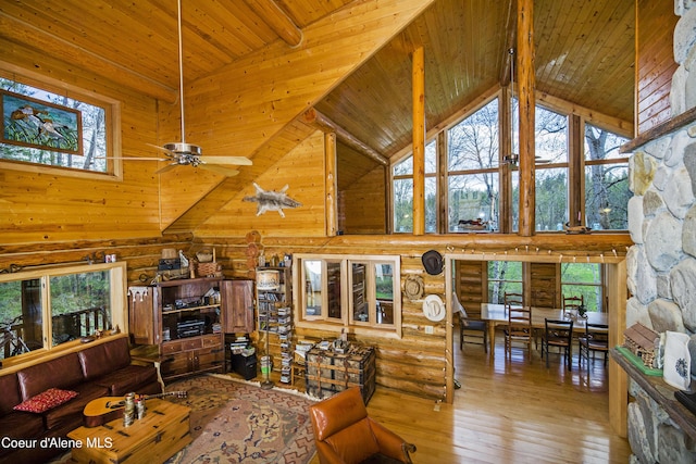 847 Willford Rd, Cocolalla, ID 83813 - living room featuring high vaulted ceiling, wooden ceiling, hardwood / wood-style flooring, beamed ceiling, and a ceiling fan