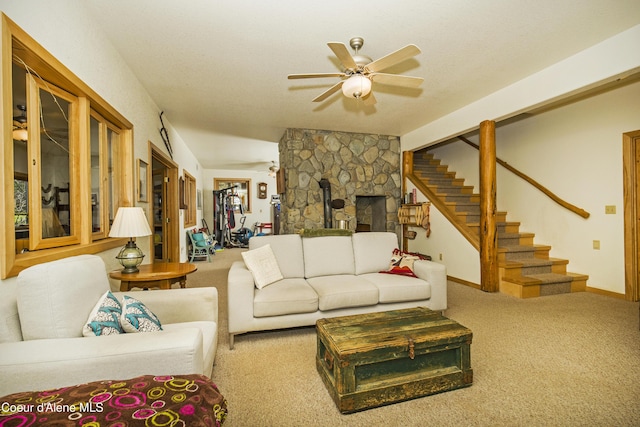 847 Willford Rd, Cocolalla, ID 83813 - living room featuring carpet floors, stairway, ceiling fan, and baseboards
