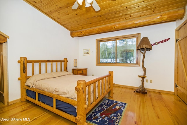 847 Willford Rd, Cocolalla, ID 83813 - bedroom featuring baseboards, wooden ceiling, hardwood / wood-style flooring, and a ceiling fan