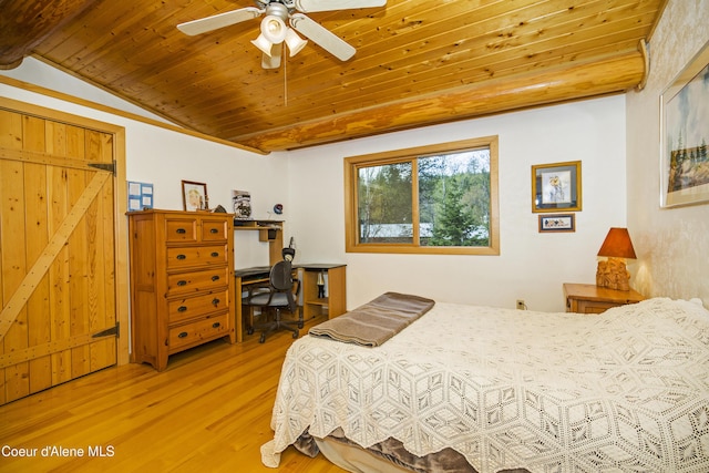 847 Willford Rd, Cocolalla, ID 83813 - bedroom featuring wooden ceiling, wood finished floors, an office area, vaulted ceiling, and a ceiling fan