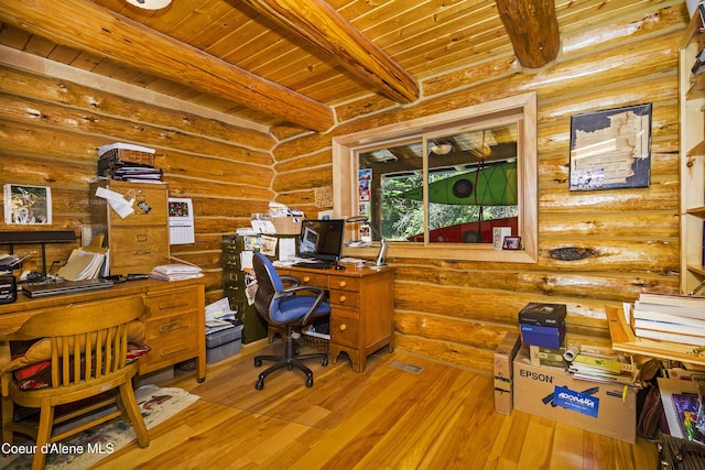 847 Willford Rd, Cocolalla, ID 83813 - office area featuring wooden ceiling, beam ceiling, hardwood / wood-style floors, and rustic walls