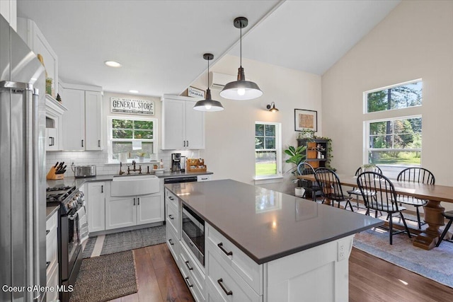 kitchen featuring appliances with stainless steel finishes, a sink, dark countertops, dark wood-style flooring, and high vaulted ceiling