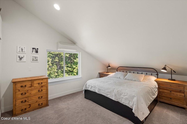bedroom featuring carpet floors, vaulted ceiling, and baseboards