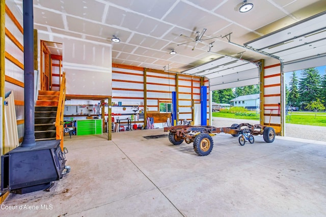 garage with a wood stove