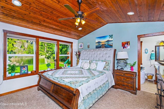 carpeted bedroom with wooden ceiling, vaulted ceiling, baseboards, recessed lighting, and a ceiling fan