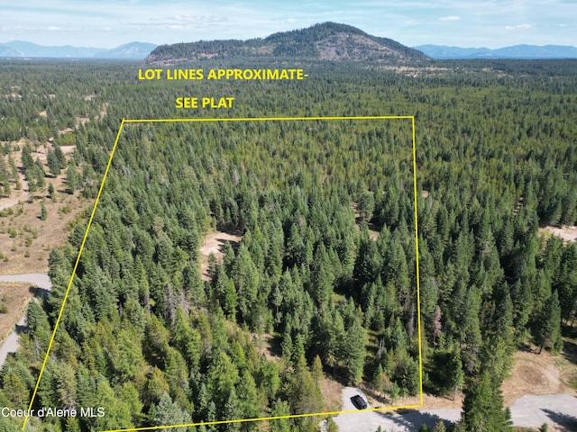 view of property location with a heavily wooded area, a mountain backdrop, and property boundaries highlighted