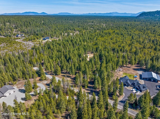 bird's eye view of a heavily wooded area and mountains