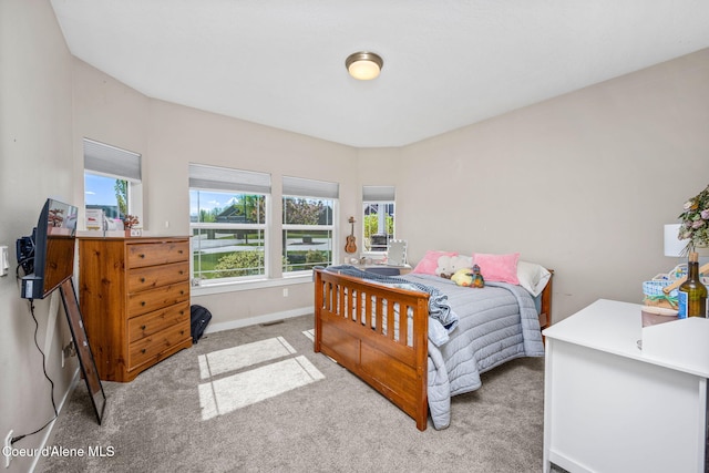 bedroom featuring multiple windows, carpet floors, and baseboards