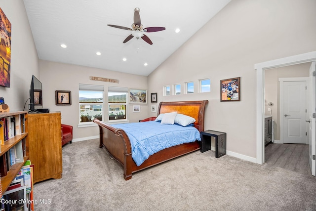 carpeted bedroom with recessed lighting, high vaulted ceiling, baseboards, and a ceiling fan