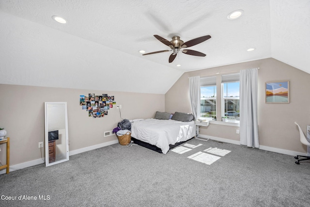 bedroom with lofted ceiling, carpet floors, recessed lighting, a ceiling fan, and baseboards