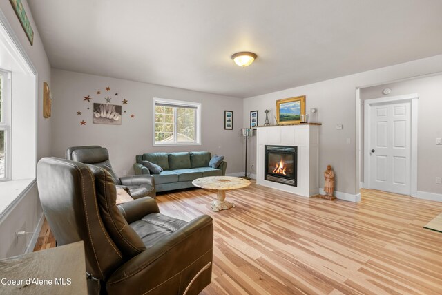 346 Brookfield Rd, Sandpoint, ID 83864 - living area featuring light wood finished floors, a glass covered fireplace, and baseboards