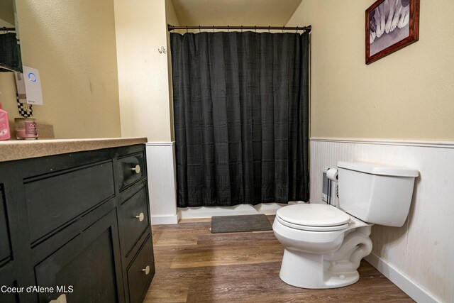 346 Brookfield Rd, Sandpoint, ID 83864 - full bathroom with wainscoting, wood finished floors, vanity, toilet, and a shower with curtain