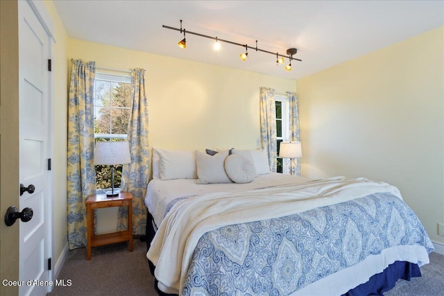 carpeted bedroom featuring track lighting and baseboards