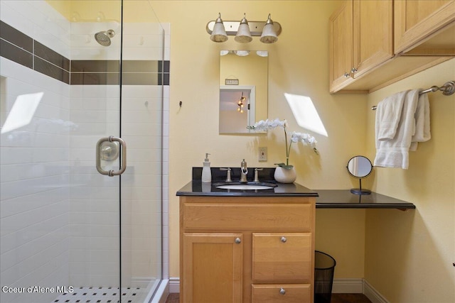 bathroom featuring a shower stall and vanity