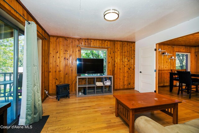 50 Smokehouse Rd, Sagle, ID 83860 - living area featuring a wood stove, wooden walls, and wood finished floors
