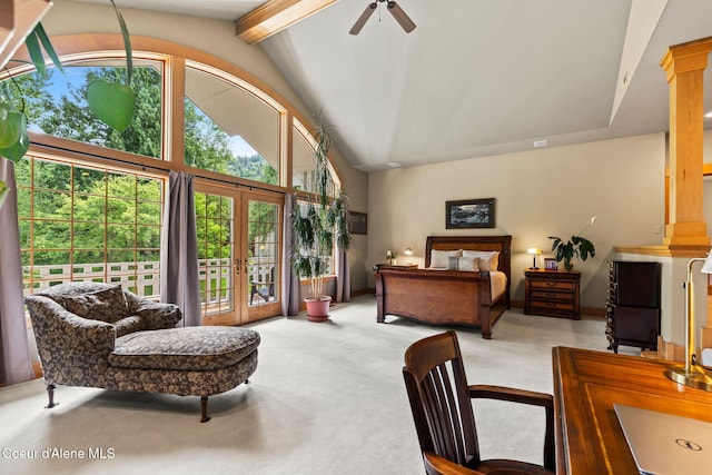 679 Comeback Bay Ln, Sagle, ID 83860 - bedroom featuring carpet, decorative columns, beamed ceiling, high vaulted ceiling, and access to exterior