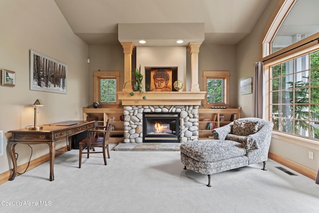 679 Comeback Bay Ln, Sagle, ID 83860 - carpeted living room featuring baseboards, a fireplace, and recessed lighting