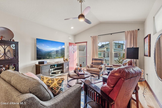 3313 N Rosalia Rd, Coeur Dalene, ID 83814 - living room with a ceiling fan, wood finished floors, vaulted ceiling, and baseboards