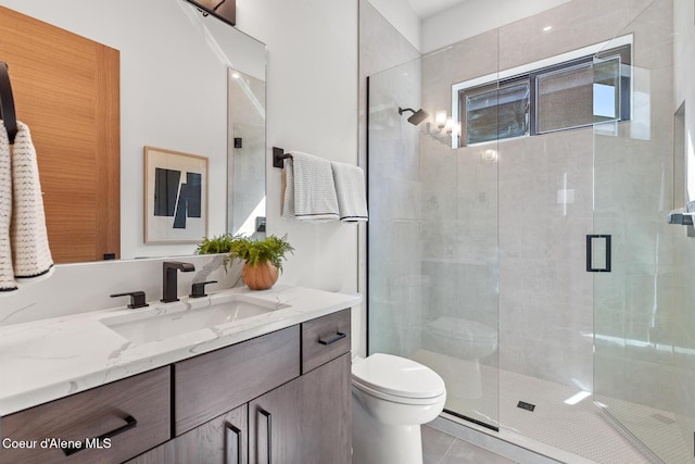 2855 W Lumber Ln, Coeur Dalene, ID 83814 - bathroom featuring toilet, vanity, a shower stall, and tile patterned flooring