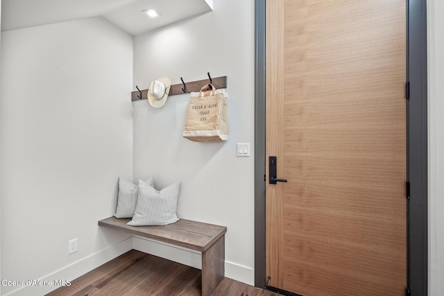 2855 W Lumber Ln, Coeur Dalene, ID 83814 - mudroom featuring baseboards, wood finished floors, and lofted ceiling