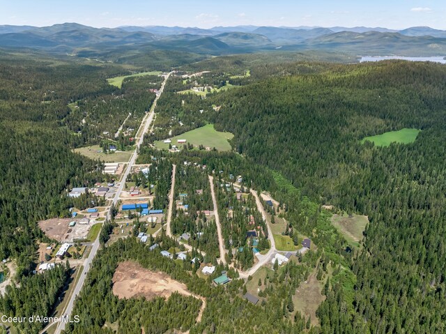 435 Shady Pines Loop, Priest Lake, ID 83856 - aerial view of property and surrounding area featuring a heavily wooded area and a mountain backdrop