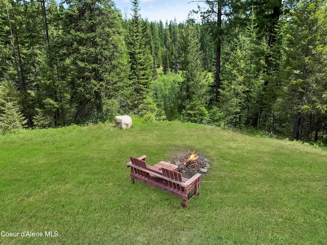 435 Shady Pines Loop, Priest Lake, ID 83856 - view of green lawn with an outdoor fire pit and a view of trees