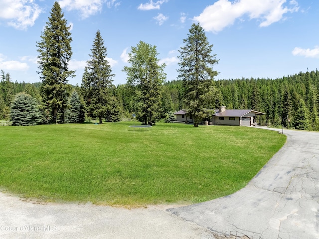435 Shady Pines Loop, Priest Lake, ID 83856 - view of grassy yard featuring a wooded view, driveway, and an attached garage