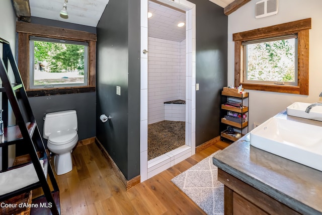 435 Shady Pines Loop, Priest Lake, ID 83856 - bathroom with wood finished floors, toilet, double vanity, a tile shower, and baseboards