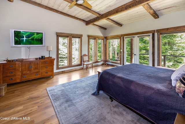 435 Shady Pines Loop, Priest Lake, ID 83856 - bedroom featuring multiple windows, wooden ceiling, access to outside, and hardwood / wood-style flooring