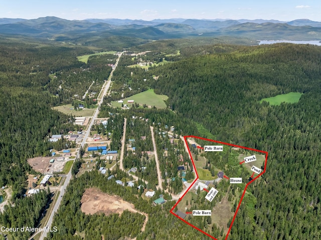 435 Shady Pines Loop, Priest Lake, ID 83856 - view of property location with a heavily wooded area, a mountainous background, and property boundaries highlighted