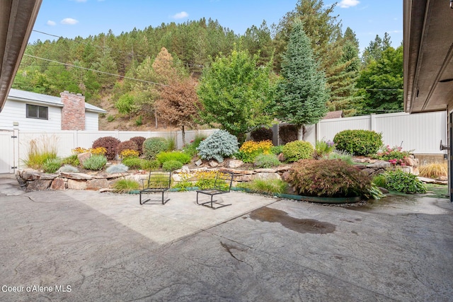 fenced backyard featuring a patio and a wooded view