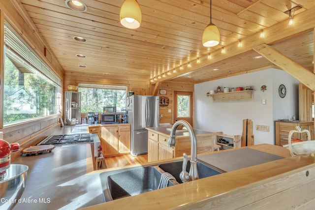 3226 District Two Rd, Bonners Ferry, ID 83805 - kitchen with appliances with stainless steel finishes, wooden ceiling, recessed lighting, hanging light fixtures, and wood walls