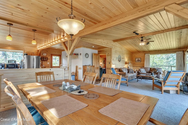 3226 District Two Rd, Bonners Ferry, ID 83805 - dining space featuring wooden ceiling, ceiling fan, wooden walls, and lofted ceiling with beams