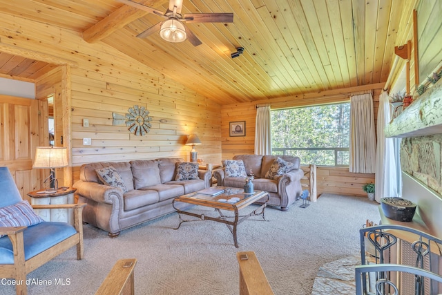 3226 District Two Rd, Bonners Ferry, ID 83805 - living area featuring carpet, wood walls, ceiling fan, and wooden ceiling