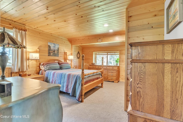 3226 District Two Rd, Bonners Ferry, ID 83805 - bedroom with light carpet, wood walls, recessed lighting, and wooden ceiling