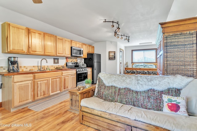 3226 District Two Rd, Bonners Ferry, ID 83805 - kitchen with a sink, light wood-type flooring, track lighting, light brown cabinetry, and appliances with stainless steel finishes