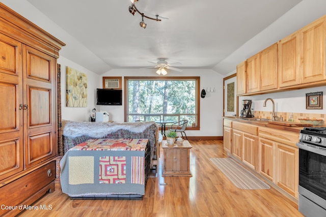 3226 District Two Rd, Bonners Ferry, ID 83805 - bedroom with light wood-style flooring, baseboards, a sink, rail lighting, and vaulted ceiling