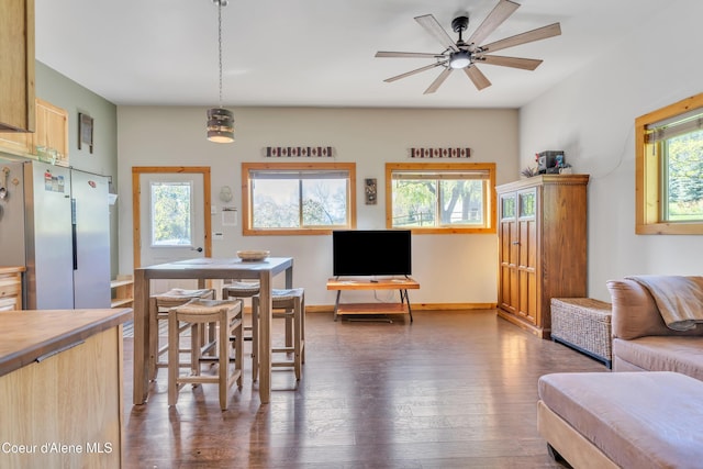 3226 District Two Rd, Bonners Ferry, ID 83805 - living room featuring dark wood-type flooring, ceiling fan, and baseboards