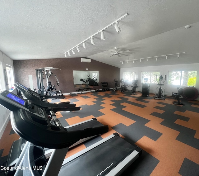 exercise room featuring rail lighting, ceiling fan, a textured ceiling, lofted ceiling, and baseboards