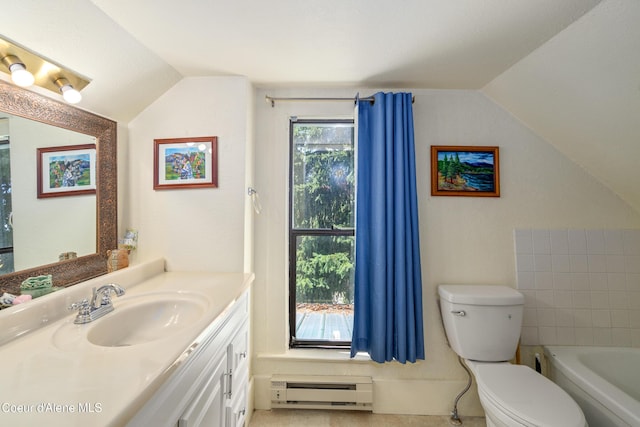 610 W Emma Ave, Coeur Dalene, ID 83814 - full bathroom with vaulted ceiling, baseboard heating, toilet, a tub, and vanity