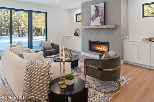624 Satchel Dr, Spirit Lake, ID 83869 - living room with light wood-style flooring, a large fireplace, and recessed lighting