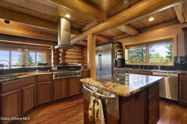 1050 Greenview Ln, Moscow, ID 83843 - kitchen featuring appliances with stainless steel finishes, a sink, wooden ceiling, log walls, and island exhaust hood
