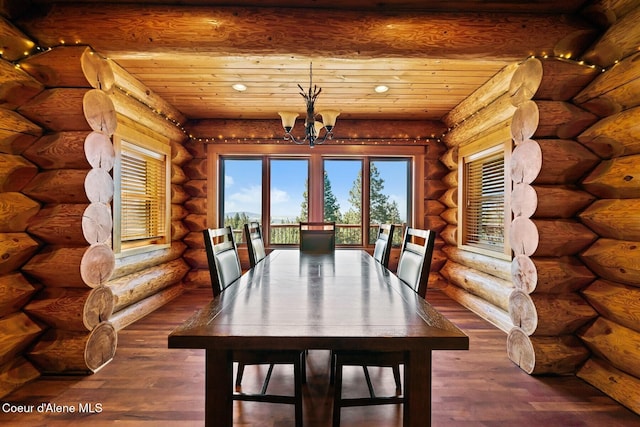 1050 Greenview Ln, Moscow, ID 83843 - dining room featuring a chandelier, dark wood-style flooring, log walls, and wood ceiling