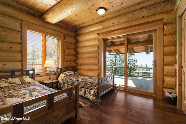 1050 Greenview Ln, Moscow, ID 83843 - bedroom with access to outside, wood finished floors, wooden ceiling, rustic walls, and beam ceiling