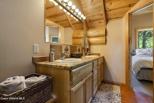 1050 Greenview Ln, Moscow, ID 83843 - ensuite bathroom with wood ceiling, double vanity, and tile patterned floors