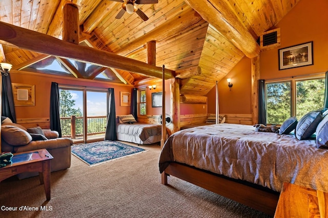1050 Greenview Ln, Moscow, ID 83843 - carpeted bedroom with wooden ceiling, wainscoting, multiple windows, and access to exterior