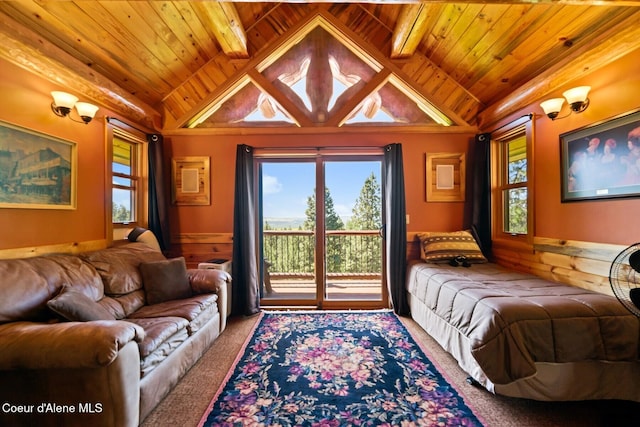 1050 Greenview Ln, Moscow, ID 83843 - bedroom with wooden ceiling, vaulted ceiling, access to outside, wainscoting, and carpet floors
