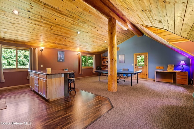 1050 Greenview Ln, Moscow, ID 83843 - recreation room with wood ceiling, healthy amount of natural light, a dry bar, baseboards, and dark wood-style flooring